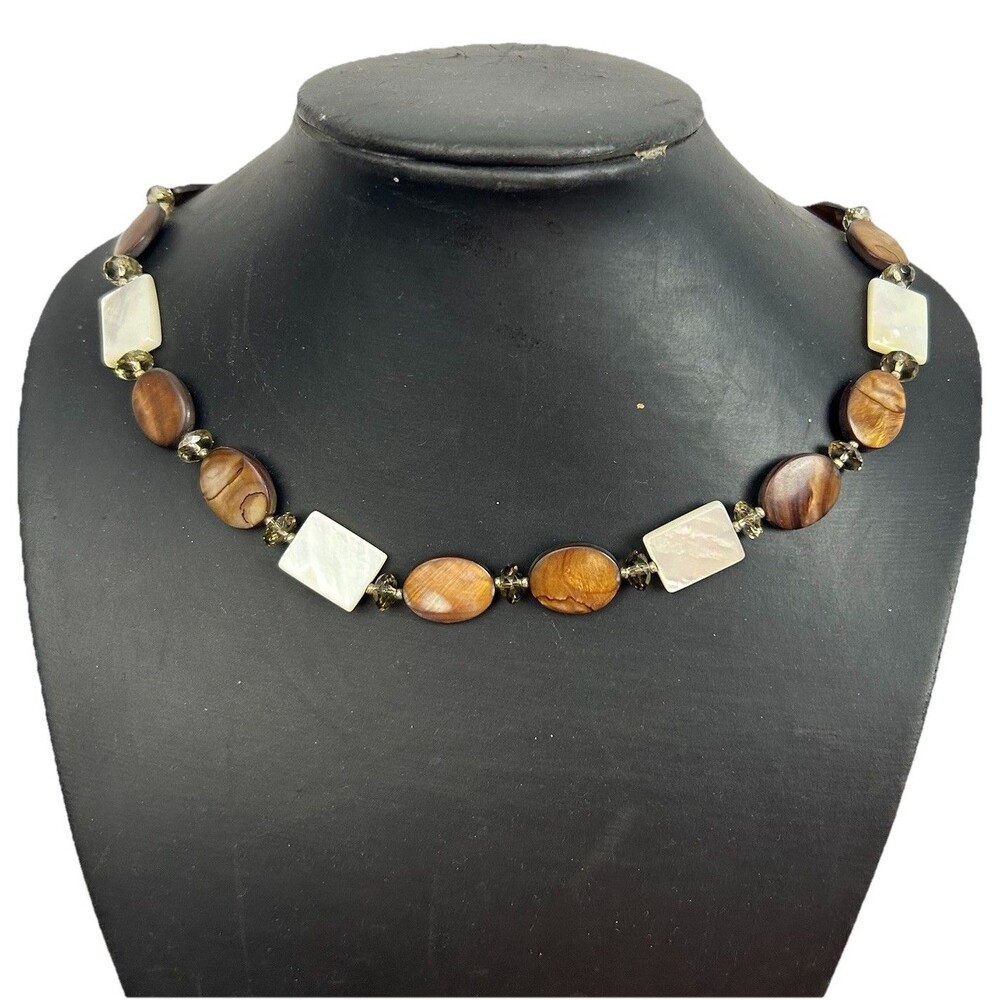Brown Shell Bead Necklace Statement Chunky Natural Wood Look Beaded 18”